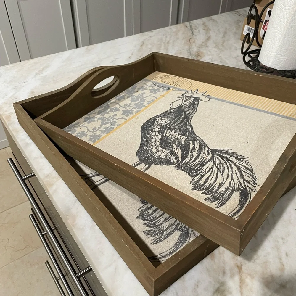 Rustic Wooden Rooster Serving Tray Set - Brown